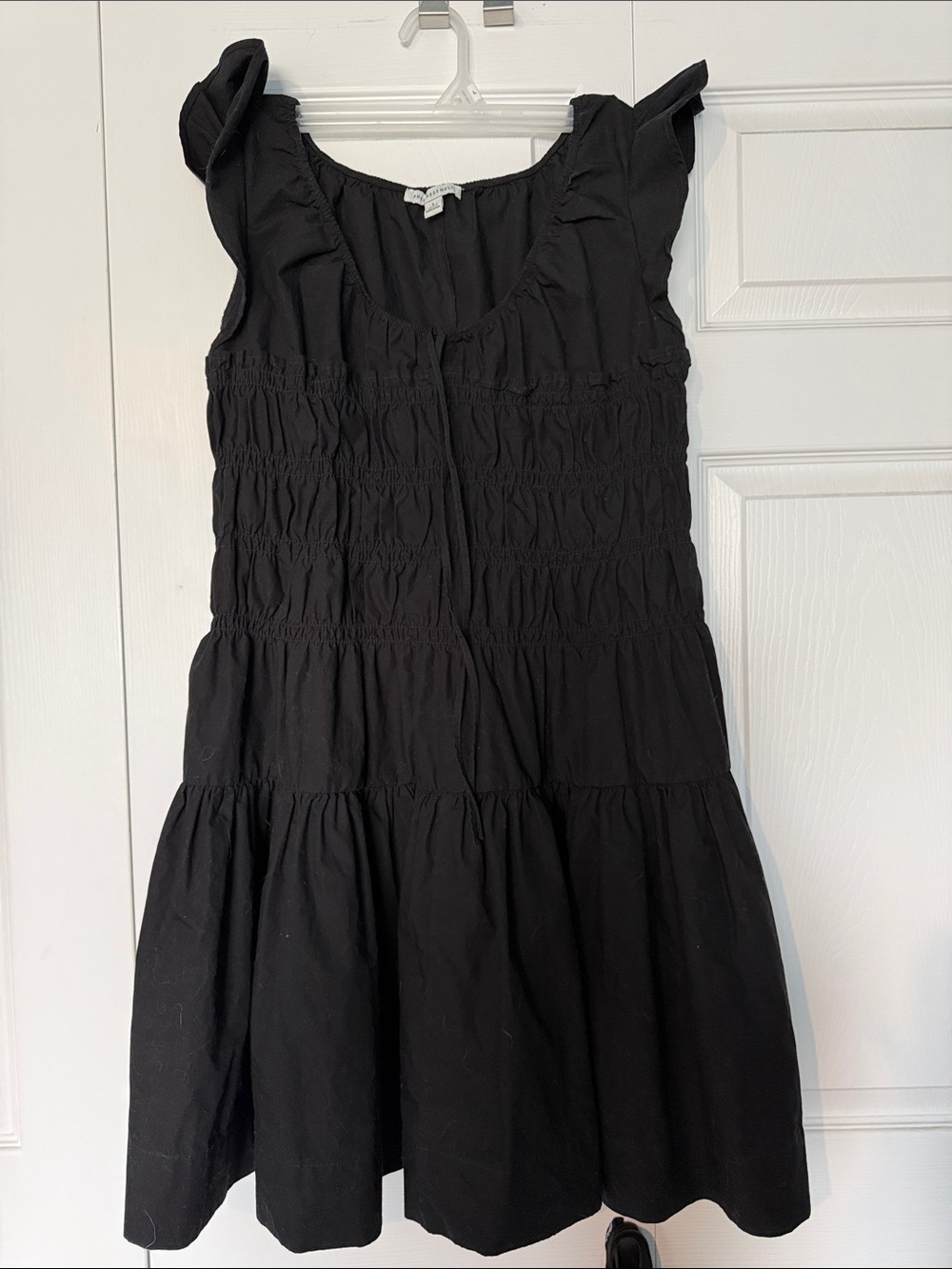 Black Smocked Tiered Mini Dress with Ruffle Shoulders